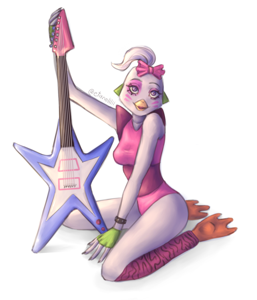 anthro avian bird bow_ribbon chica_(fnaf) chicken clothed clothing etanolllll female five_nights_at_freddy's five_nights_at_freddy's:_security_breach galliform gallus_(genus) guitar hair looking_at_viewer makeup musical_instrument phasianid plucked_string_instrument scottgames simple_background sitting solo solo_focus steel_wool_studios string_instrument