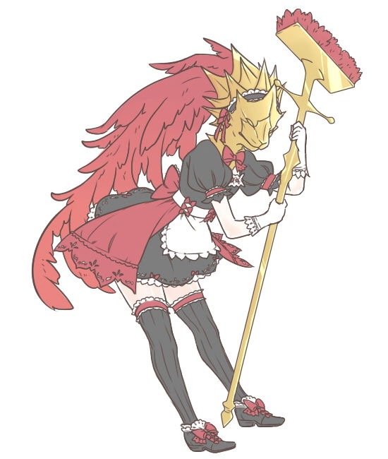 ambiguous_gender armor bow_accessory bow_ribbon bow_tie broom cleaning_tool clothing dragonslayer_ornstein feather_plume footwear headgear helmet humanoid jarnqk legwear maid_apron maid_headdress maid_uniform plume shoes simple_background solo stockings uniform white_background