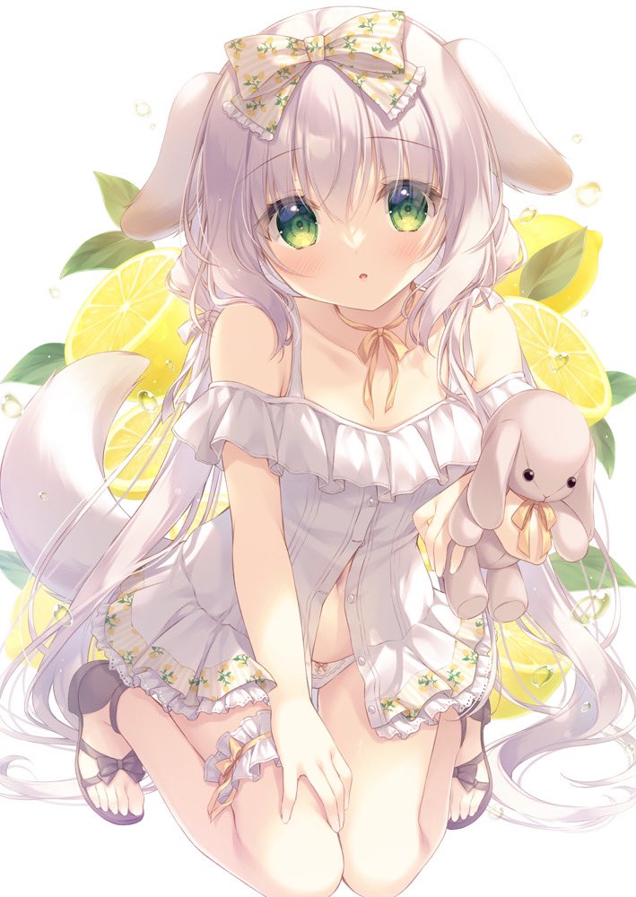 1girl :o animal_ears bare_shoulders black_footwear bow bow_panties collarbone commentary dog_ears dog_girl dog_tail dress food fruit green_eyes grey_hair hair_between_eyes hair_bow knees_together_feet_apart lemon long_hair looking_at_viewer navel object_hug off-shoulder_dress off_shoulder original panties parted_lips sandals simple_background solo stuffed_animal stuffed_rabbit stuffed_toy symbol-only_commentary tail underwear water_drop white_background white_bow white_dress white_panties yukie_(peach_candy)