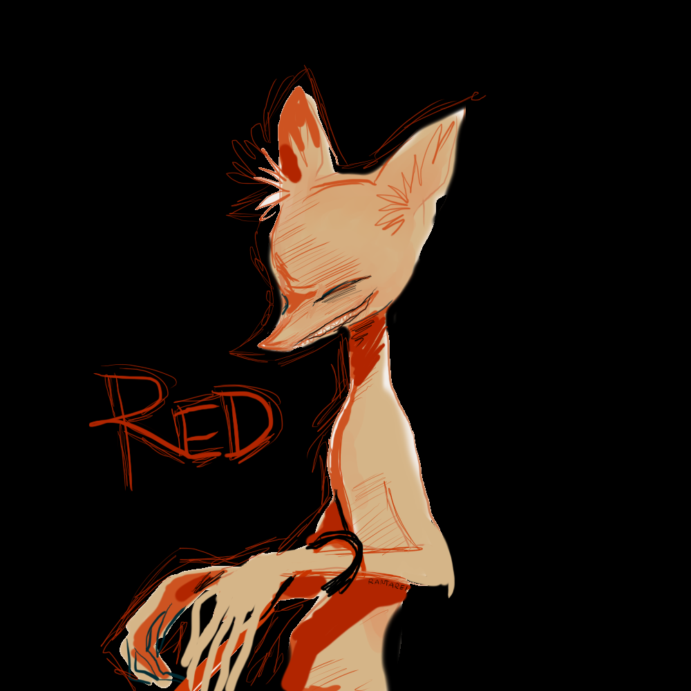 5_fingers anthro biped cane canid canine character_name creepy_smile eyes_closed fingers fox humanoid_hands inner_ear_fluff long_fingers male mammal orange_body rantarei red_(rq) ruby_quest sharp_teeth shirtless skinny_anthro skinny_male smile solo standing teeth tuft