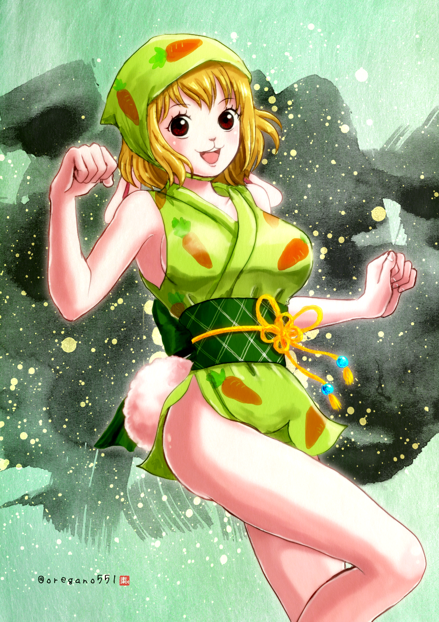 1girl alternate_costume animal_ears artist_name bare_shoulders blonde_hair carrot_(one_piece) commentary_request head_scarf highres one_piece open_mouth oregano551 rabbit_ears rabbit_girl rabbit_tail short_hair smile solo tail teeth