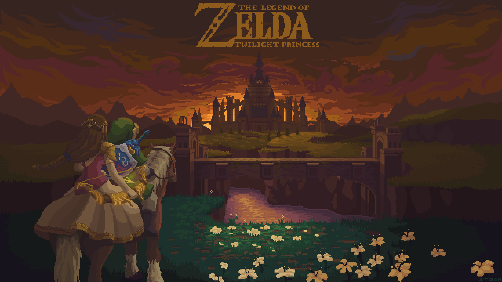 1boy 1girl bow_(weapon) bridge castle cloud cloudy_sky copyright_name english_text epona evening falling_leaves flower from_behind grass highres holding holding_bow_(weapon) holding_weapon horizon horse horseback_riding hylian_shield hyrule_castle itzah leaf link logo male_focus master_sword nature outdoors pixel_art princess_zelda riding scenery shield shield_on_back sky sword sword_on_back the_legend_of_zelda the_legend_of_zelda:_twilight_princess weapon weapon_on_back wind wind_lift