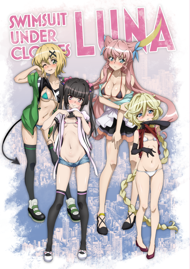 4girls akatsuki_kirika bikini black_bikini black_footwear black_gloves black_hair black_skirt black_thighhighs blonde_hair blue_eyes bow braid braided_ponytail breasts carol_malus_dienheim clothes_lift comiket_102 cover cover_page demon_tail doujin_cover dress dress_lift elbow_gloves embarrassed fake_tail flat_chest frown fujikawa_daichi gloves green_eyes green_jacket hair_bow hair_ornament high_heels jacket larry_(pokemon) lifted_by_self long_hair looking_at_viewer maria_cadenzavna_eve medium_breasts micro_bikini micro_shorts multiple_girls navel parted_lips pink_bow pink_hair pumps purple_eyes red_footwear senki_zesshou_symphogear shirt_lift short_hair shorts skirt sleeveless sleeveless_dress small_breasts smile stomach swimsuit swimsuit_under_clothes tail thighhighs tsukuyomi_shirabe twintails very_long_hair white_bikini white_footwear x_hair_ornament