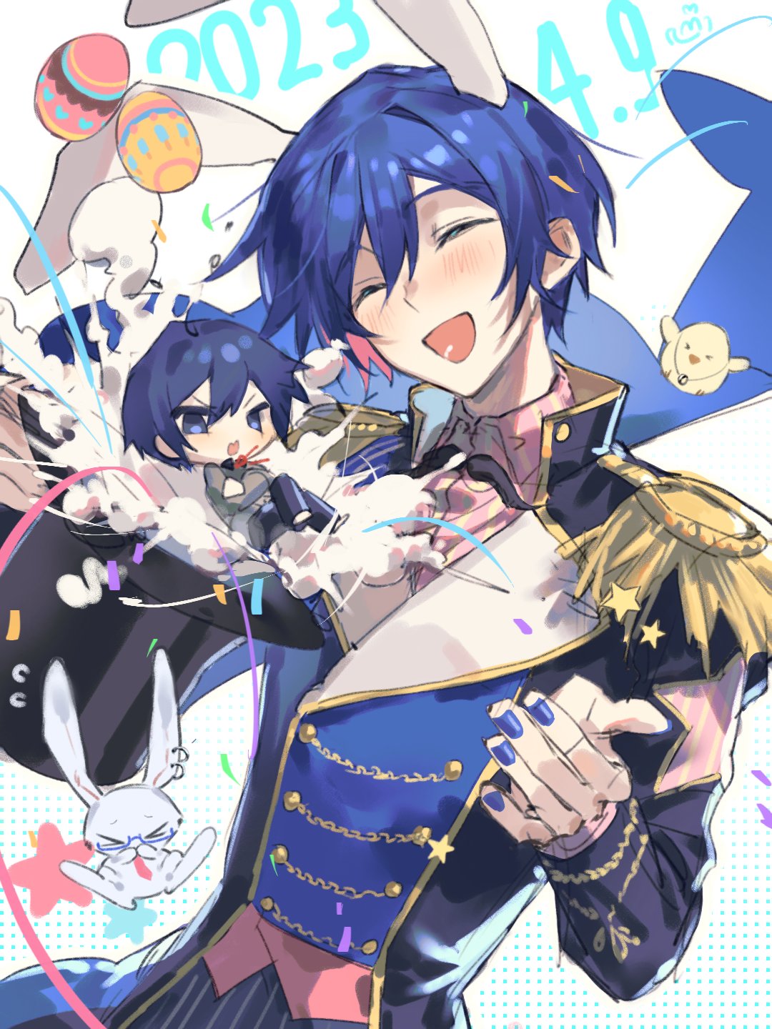&gt;_&lt; 25-ji_kaito 25-ji_nightcord_de._(project_sekai) 2boys :d animal_ears bird blue_eyes blue_hair blue_nails chick closed_eyes collared_shirt commentary confetti crossed_arms crossed_legs dark_blue_hair dated double-parted_bangs dual_persona easter_egg egg epaulettes fingernails glasses highres jewelry kaito_(vocaloid) kazemi_arashi long_sleeves male_focus mini_person miniboy multiple_boys necklace open_mouth project_sekai rabbit rabbit_boy rabbit_ears ring_necklace shirt short_hair smile upper_body vocaloid wonderlands_x_showtime_(project_sekai) wonderlands_x_showtime_kaito