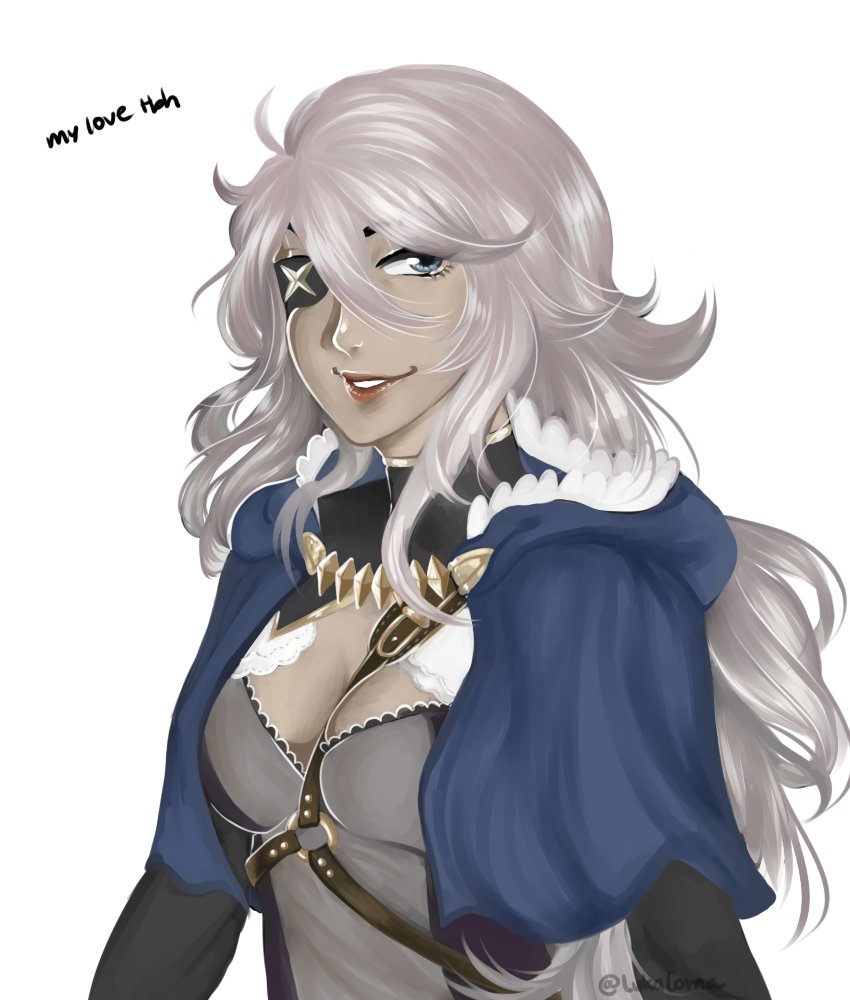 1girl blue_capelet blue_eyes capelet eyepatch fire_emblem fire_emblem_fates genderswap genderswap_(mtf) grey_hair harness hood hood_down hooded_capelet looking_at_viewer minoslux niles_(fire_emblem) o-ring o-ring_harness smile solo upper_body