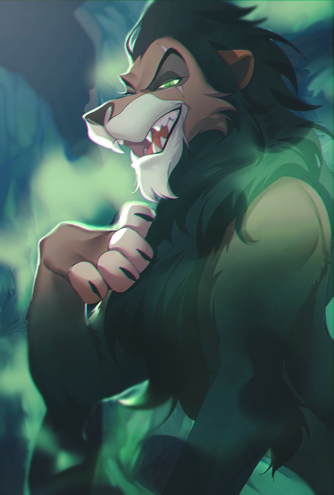 animal_focus chinese_commentary chromatic_aberration claws commentary_request green_eyes highres lion looking_at_viewer no_humans open_mouth scar scar_(the_lion_king) scar_across_eye sharp_teeth smoke solo teeth the_lion_king tobu_0w0