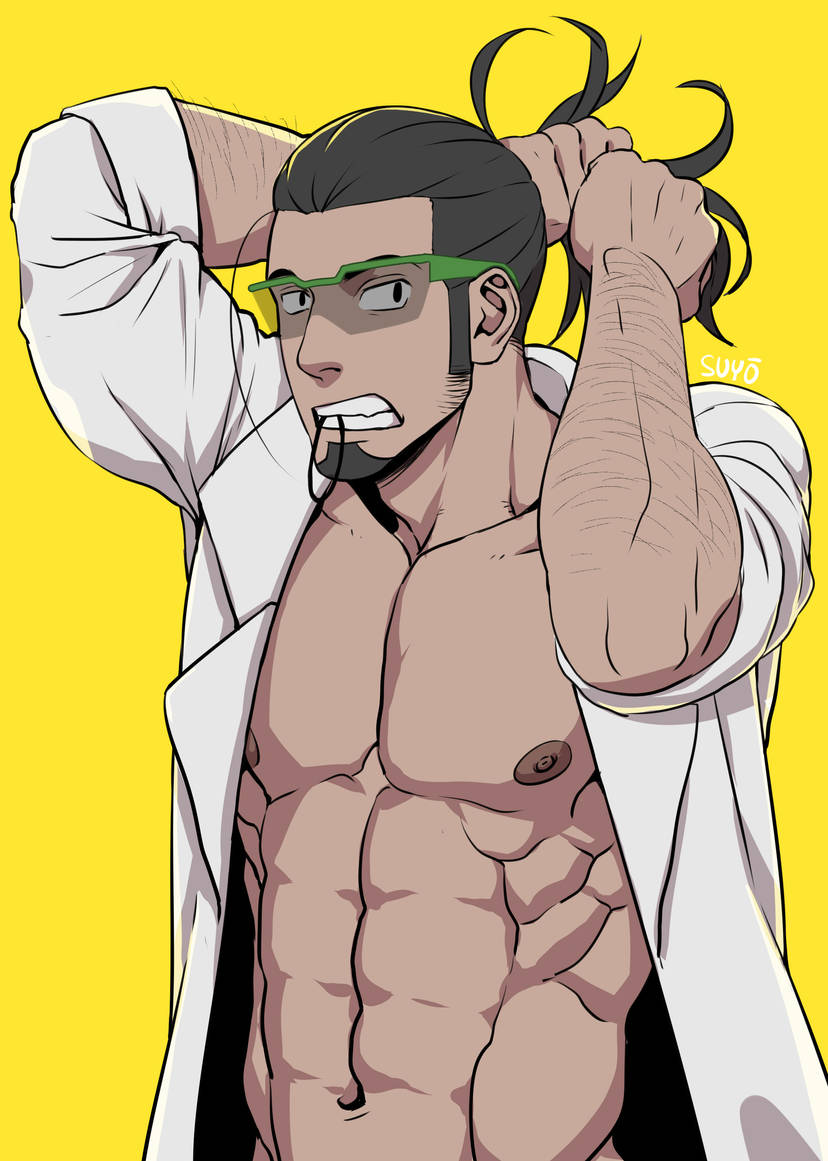 1boy abs arm_hair artist_name bara black_hair coat facial_hair goatee hair_tie hair_tie_in_mouth lab_coat looking_at_viewer mouth_hold pectorals pokemon pokemon_(game) pokemon_sm pokemon_usum sideburns signature suyohara topless_male tying_hair yellow_background