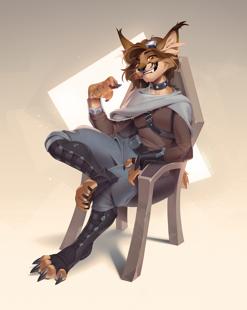 2023 4_toes 5_fingers anthro black_nose breasts brown_body brown_fur brown_hair clothed clothing digital_media_(artwork) eyebrows eyelashes feet felid feline female fingers fur hair kyander lynx mammal orange_eyes smile toes