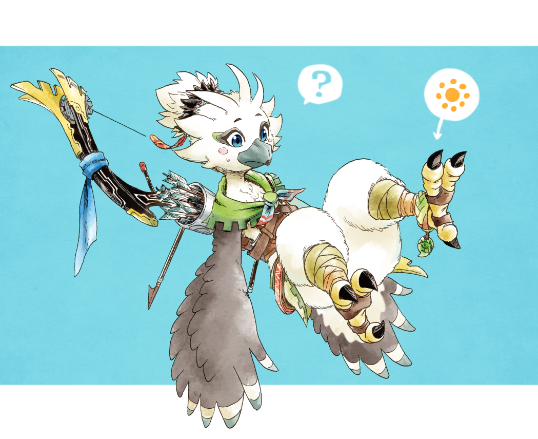 anthro armor avian beak black_beak blue_eyes bow_(weapon) claws clothing feathers leather leather_clothing male nintendo question_mark ranged_weapon rito solo talons tears_of_the_kingdom tenperu_tapio the_legend_of_zelda topknot tulin_(tloz) weapon white_body white_feathers wings