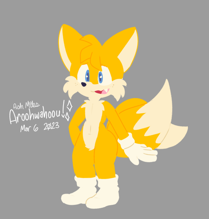 2023 2_tails anthro aroohwahoou blue_eyes canid canine clothing crotch_tuft dated dipstick_tail footwear fox fur gloves handwear lineless male mammal markings miles_prower multi_tail navel sega socks solo sonic_the_hedgehog_(series) tail tail_markings tuft yellow_body yellow_fur