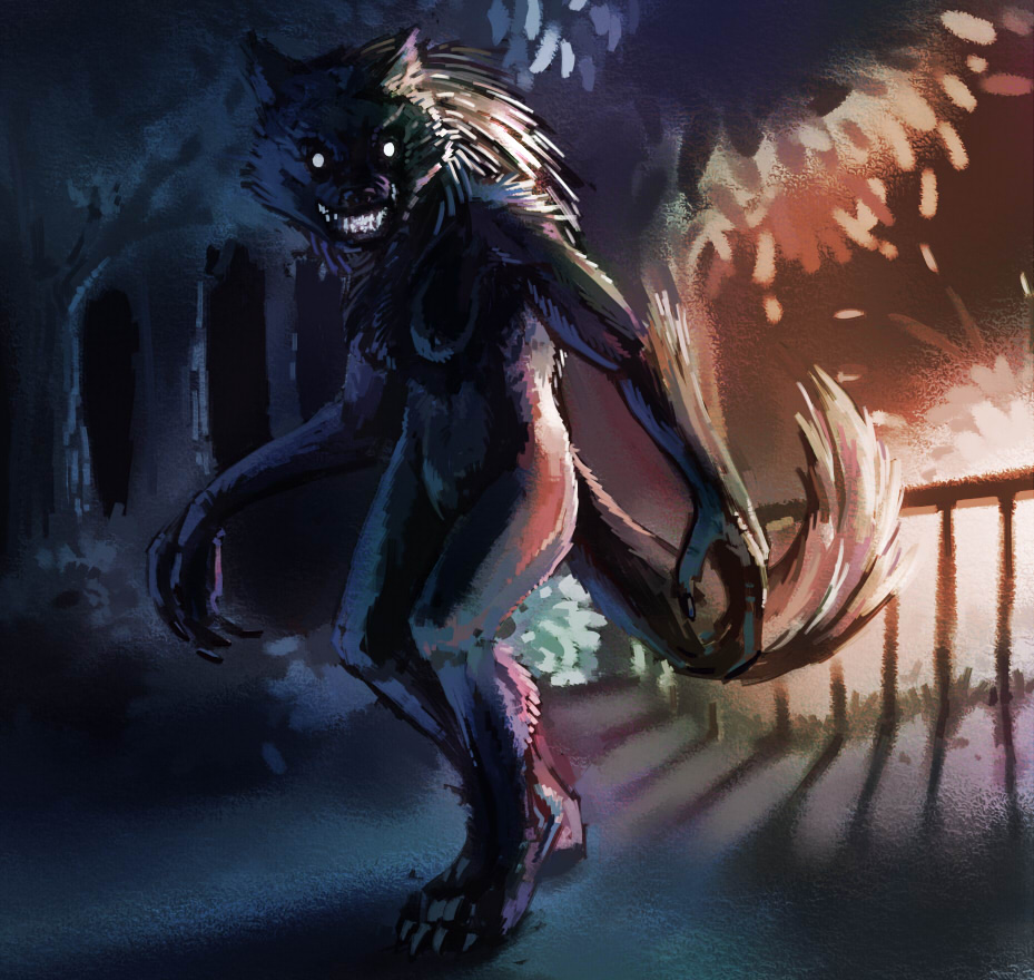 9_6 anthro backlighting bared_teeth breasts canid canine claws digital_media_(artwork) digital_painting_(artwork) female forest glowing glowing_eyes light lighting looking_at_viewer mammal mane night nude outside plant scary solo teeth tree were werecanid werecanine werewolf