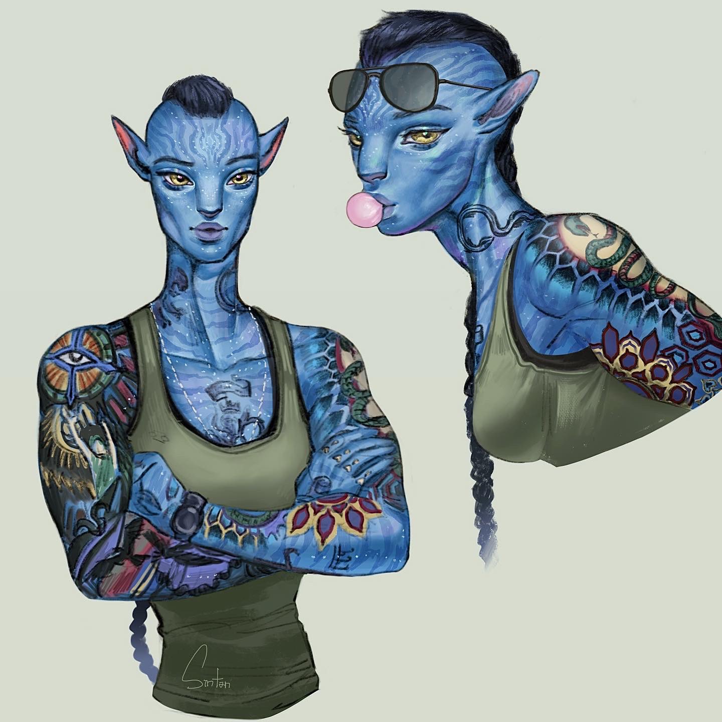 alien alien_humanoid animal_humanoid anthro arm_tattoo black_hair blue_body blue_skin bubble_gum chest_tattoo chewing_gum clothing dog_tag_necklace duo eyewear eyewear_on_head felid felid_humanoid feline feline_humanoid female female/female hair hi_res humanoid hybrid james_cameron's_avatar mammal mammal_humanoid military_uniform na'vi neck_tattoo queue_(hairstyle) recombinant_(avatar) sintan_(artist) solo sunglasses sunglasses_on_head tattoo uniform yellow_eyes zdinarsk