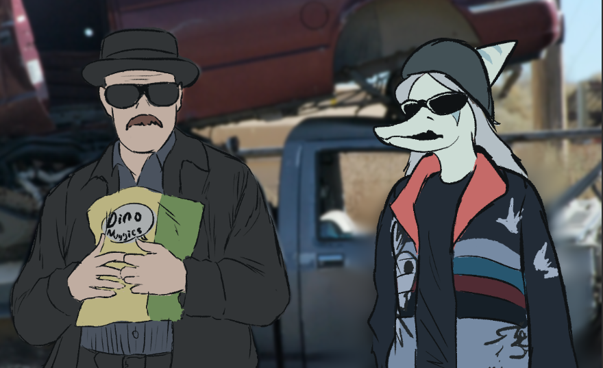 anthro ather_os beanie breaking_bad clothed clothing crossover dinosaur duo eyewear fang_(gvh) female glasses goodbye_volcano_high hair hat headgear headwear human humor jesse_pinkman long_hair long_snout male mammal pterodactylus pterosaur reptile scalie snoot_game_(fan_game) snout walter_white