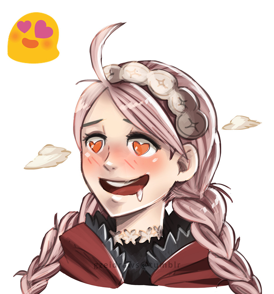 ahoge aroused blush braid emoji facing_to_the_side fire_emblem fire_emblem_fates fujoshi gzei hairband heart heart_in_eye looking_to_the_side low_twin_braids nina_(fire_emblem) open_mouth parted_bangs portrait saliva smile symbol_in_eye teeth twin_braids upper_teeth_only white_hairband