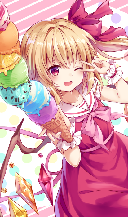 1girl ;d blonde_hair bow breasts crystal dress flandre_scarlet hair_bow holding_ice_cream kure~pu medium_hair one_eye_closed one_side_up purple_eyes red_dress simple_background small_breasts smile solo touhou v_over_eye white_background wings