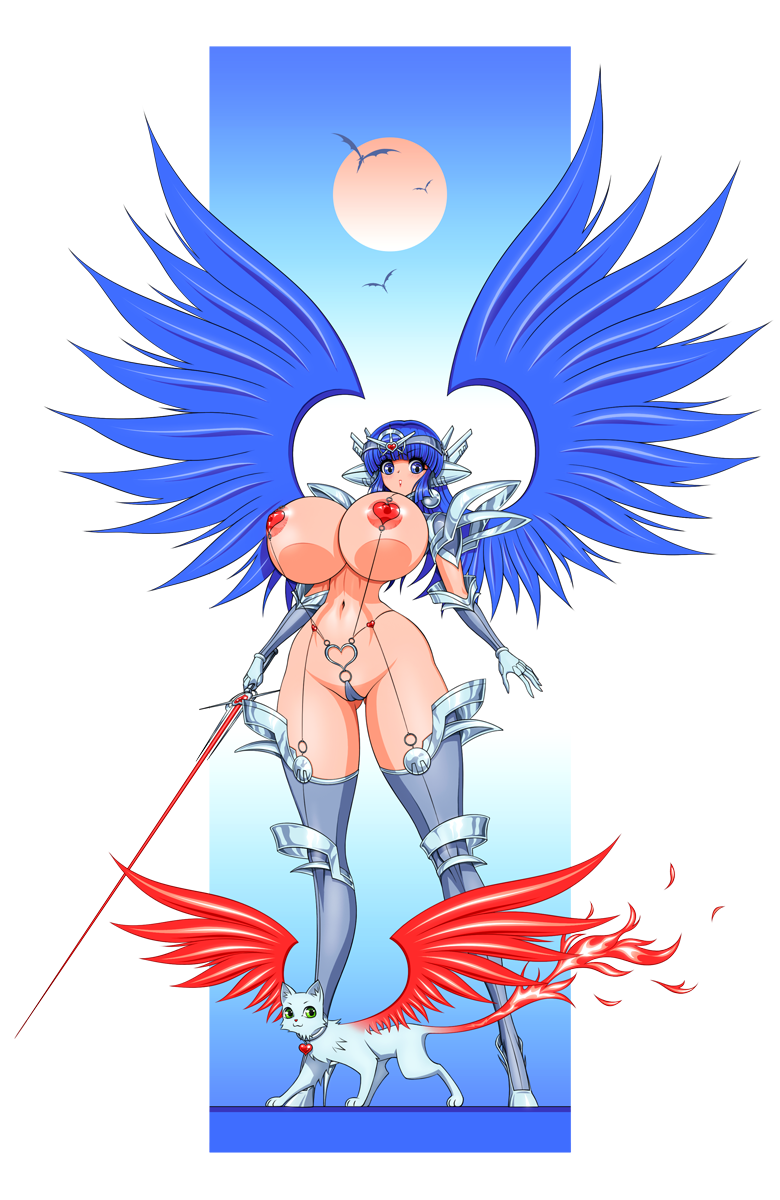 1girl akiranime blue_eyes blue_hair breasts cat covered_nipples curvy highres huge_breasts legs navel original pet sun tagme thighs wings