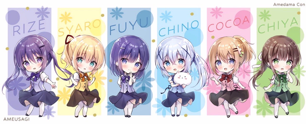 6+girls :d amedamacon angora_rabbit animal artist_name black_footwear black_skirt blonde_hair blue_bow blue_eyes blue_hair blue_vest blush bow brown_hair brown_skirt character_name chibi closed_mouth collared_shirt commentary_request fuiba_fuyu gochuumon_wa_usagi_desu_ka? green_bow green_eyes green_vest hair_between_eyes hair_ornament hairclip holding holding_animal hoto_cocoa kafuu_chino kirima_syaro long_hair multiple_girls pantyhose pink_vest ponytail puffy_short_sleeves puffy_sleeves purple_bow purple_eyes purple_hair purple_vest rabbit rabbit_house_uniform red_bow shirt shoes short_sleeves skirt smile striped striped_bow tedeza_rize tippy_(gochiusa) twintails ujimatsu_chiya uniform very_long_hair vest waitress white_pantyhose white_shirt yellow_vest