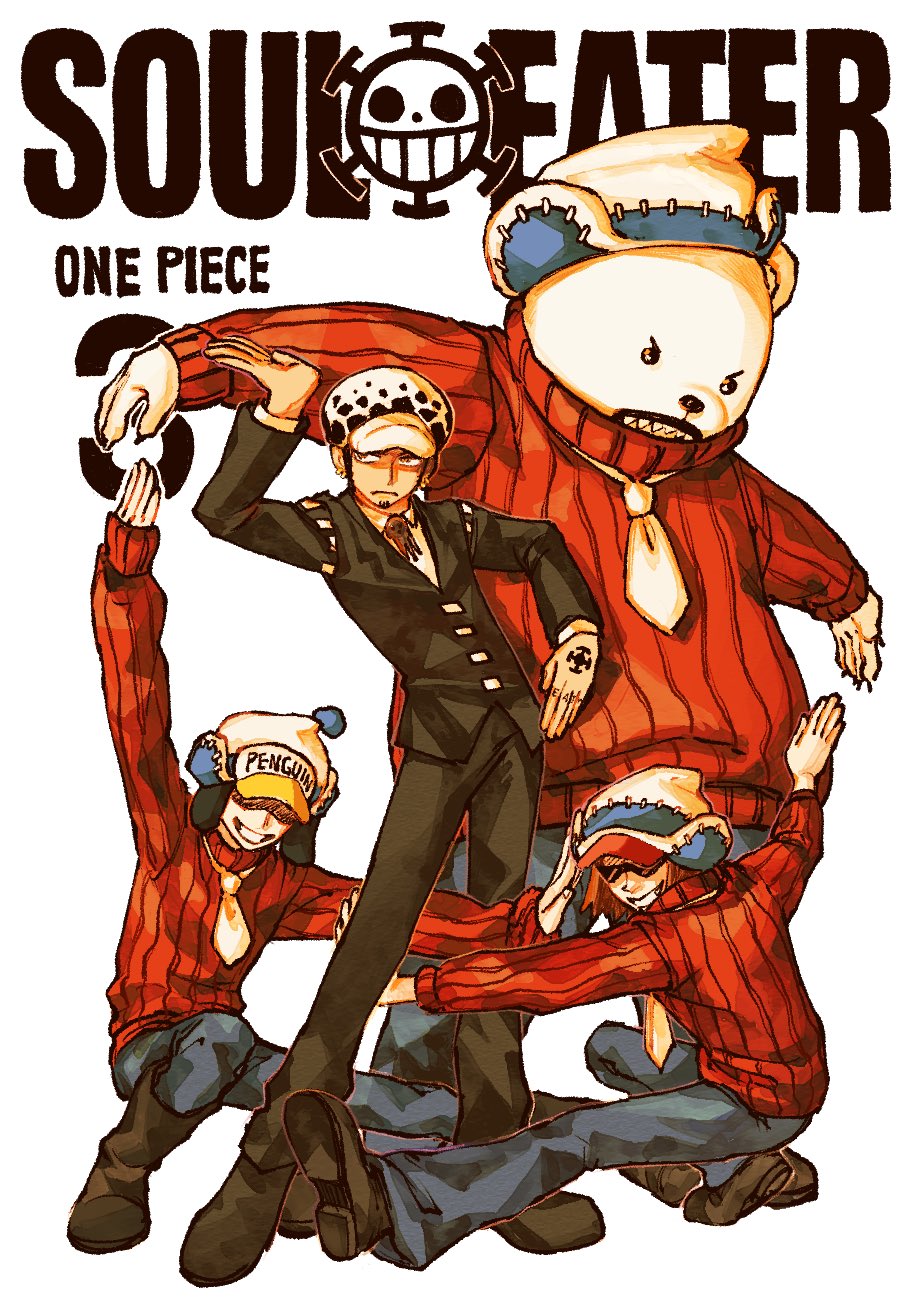 4boys arm_tattoo b_kungya bear bepo black_hair character_name copyright_name covered_eyes crossover facial_hair formal goatee highres male_focus multiple_boys necktie one_piece orange_sweater penguin_(one_piece) red_hair shachi_(one_piece) sharp_teeth short_hair smile soul_eater striped striped_sweater sunglasses sweater tattoo teeth trafalgar_law white_headwear white_necktie
