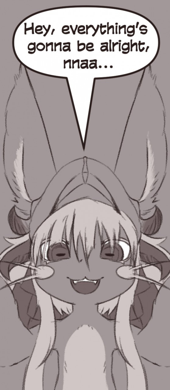 ambiguous_gender anthro english_text first_person_view fluffy_ear greyscale hair headpiece hi_res honky_kat horizontal_pupils long_ears long_hair made_in_abyss monochrome nanachi narehate open_mouth pupils smile solo speech_bubble text whiskers