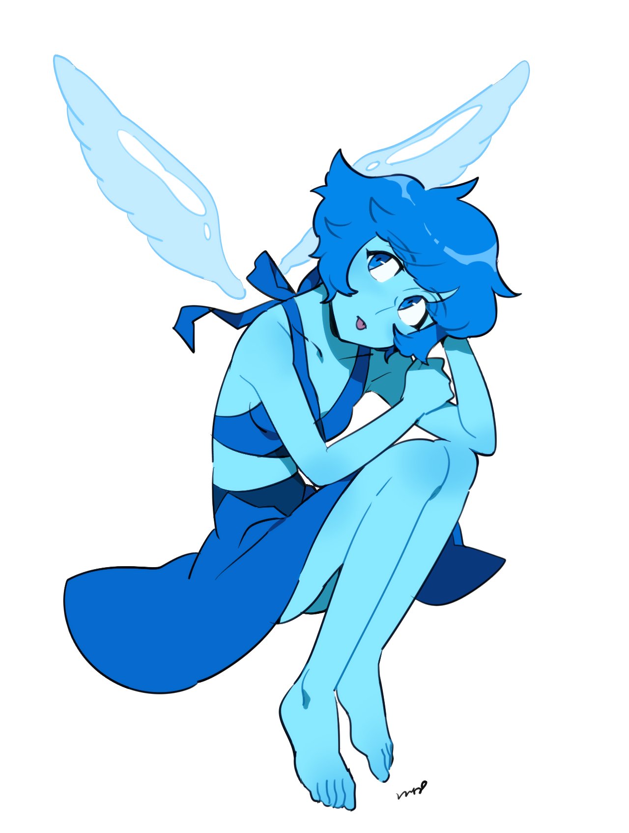 1girl :p barefoot blue_eyes blue_hair blue_sarong blue_skin colored_skin crop_top highres lapis_lazuli_(steven_universe) liquid_wings nano8 sarong short_hair signature simple_background solo steven_universe tongue tongue_out white_background