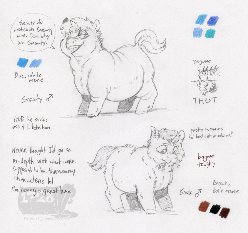 2022 baby_talk bark_(federalchemical1728) begone_thot character_name color_swatch dialogue duo english_text equid equine eyebrows federalchemical1728 feral fluffy_pony fluffy_pony_(species) fur gender_symbol graphite_(artwork) half-closed_eyes handwritten_text hooves horn male male_symbol mammal mane meme model_sheet narrowed_eyes open_mouth overweight overweight_feral pencil_(artwork) sketch smarty_(federalchemical1728) smile smirk standing symbol tail teeth text traditional_media_(artwork) unguligrade unicorn watermark xeno_(federalchemical1728)