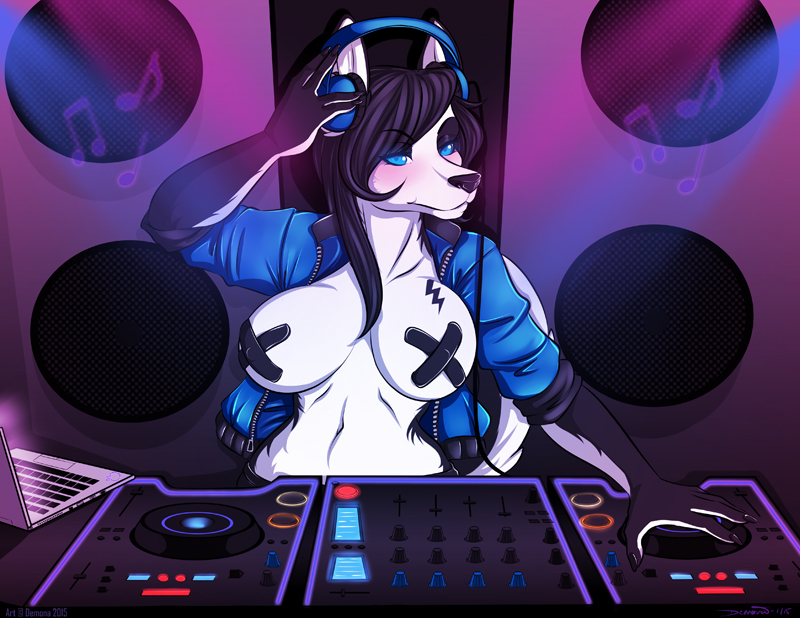 2015 anthro apple_inc. apple_macintosh belly big_breasts bottomwear breasts canid canine canis clothed clothing curvy_figure demona69 digital_media_(artwork) dj_booth domestic_dog female headphones hourglass_figure husky jacket lightning_bolt macbook mammal musical_note navel nipple_tape nordic_sled_dog pants pasties solo sparx_(badgrrl) speaker spitz tape topless topless_female topwear