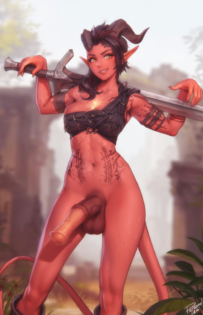 1girl animal_penis arm_tattoo baldur's_gate baldur's_gate_3 black_hair blurry blurry_background bottomless breasts colored_skin demon_girl demon_horns demon_tail dungeons_and_dragons feet_out_of_frame futanari grin highres holding holding_sword holding_weapon horns horse_penis karlach_(baldur's_gate) large_breasts large_penis navel penis personal_ami pointy_ears red_skin smile solo standing stomach_tattoo sword tail tattoo testicles tiefling uncensored weapon yellow_eyes