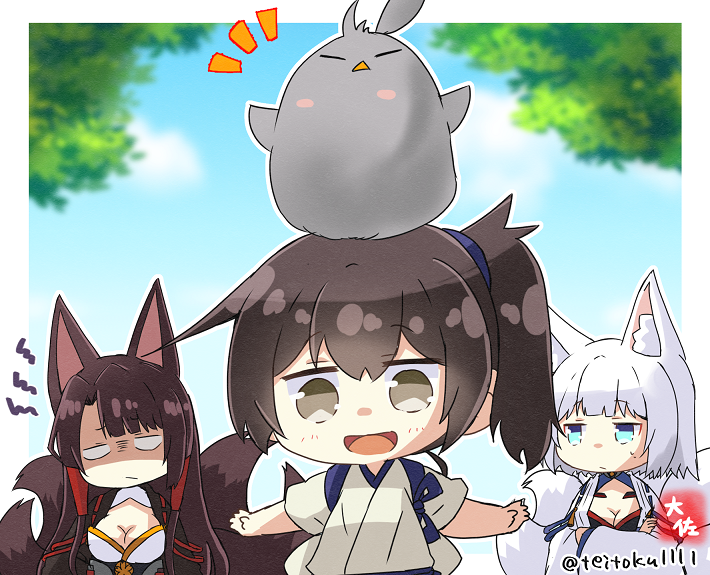 3girls :d akagi_(azur_lane) animal_ear_fluff animal_ears animal_on_head aqua_eyes azur_lane bird bird_on_head black_hair blunt_bangs blurry breasts cleavage commentary_request crossed_arms crossover depth_of_field eyeshadow fox_ears fox_girl fox_tail grey_eyes hair_between_eyes hair_tubes japanese_clothes kaga_(azur_lane) kaga_(kancolle) kantai_collection kyuubi long_hair long_sleeves looking_at_viewer makeup multiple_girls multiple_tails name_connection on_head outstretched_arms short_hair side_ponytail signature smile spread_arms tail taisa_(kari) tasuki twitter_username white_hair wide_sleeves