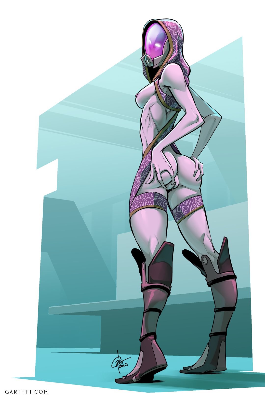 2023 3_fingers alien alien_humanoid anus armor boots breasts butt clothed clothing fecharis female fingers footwear full-length_portrait genitals headgear helmet hi_res hood humanoid looking_at_viewer looking_back looking_back_at_viewer mass_effect nipples not_furry partially_clothed portrait presenting presenting_pussy purple_body purple_skin pussy quarian rear_view solo spread_butt spreading tali'zorah temporalwolf