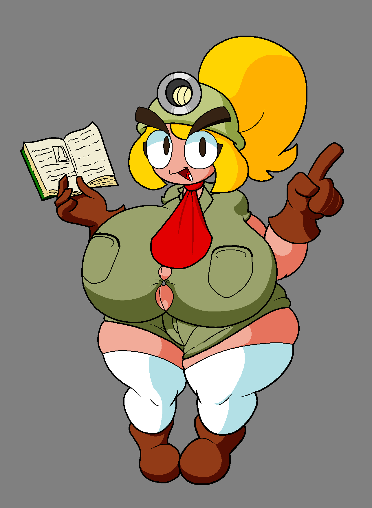 5_fingers big_breasts black_eyes book boots breasts clothed clothing eyebrows female fingers footwear gloves goomba goombella grey_body handwear hat headgear headwear hi_res huge_breasts humanoid legwear lewdmaya mario_bros nintendo not_furry paper_mario pink_body scarf shirt solo stockings thick_thighs topwear yellow_body