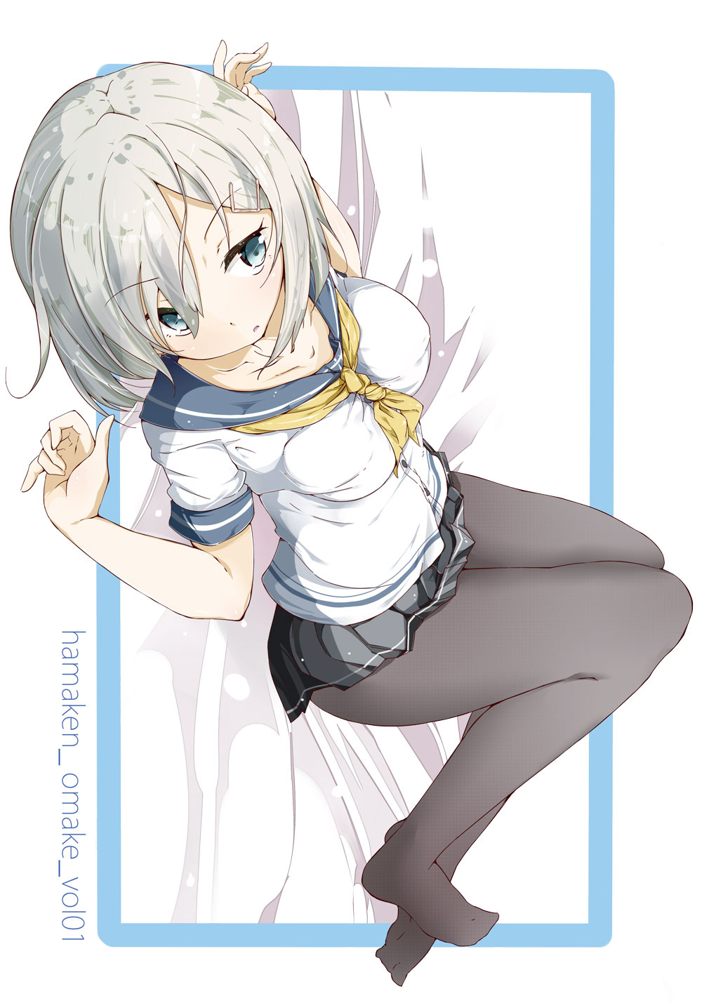 1girl bed_sheet black_pantyhose black_skirt blue_border blue_eyes blue_sailor_collar border breasts character_name grey_hair hair_ornament hairclip hamakaze_(kancolle) hamaken._(novelize) highres kantai_collection knees_up large_breasts lying neckerchief on_back open_mouth outside_border pantyhose pleated_skirt sailor_collar shirt short_hair short_sleeves sideways skirt solo white_shirt yellow_neckerchief