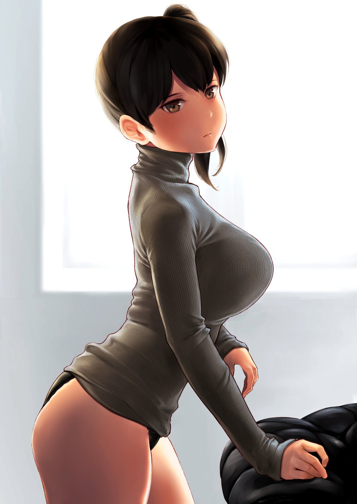 1girl alternate_costume ass blush breasts brown_eyes brown_hair closed_mouth couch cowboy_shot grey_sweater highres indoors kaga_(kancolle) kantai_collection large_breasts long_sleeves looking_at_viewer no_pants panties revision side_ponytail solo sunlight sweater thighs turtleneck underwear wa_(genryusui) window