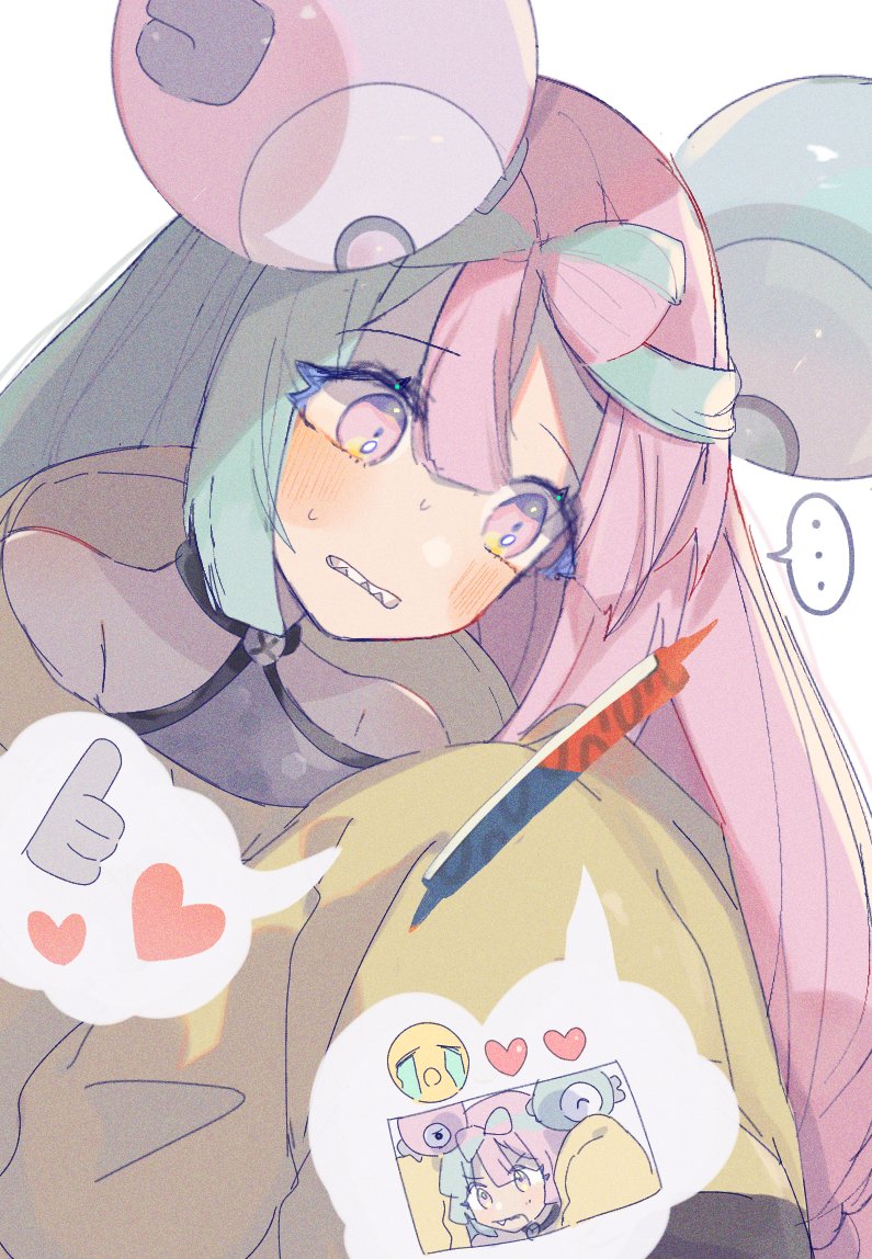 ... 1girl bow-shaped_hair character_hair_ornament hair_ornament iono_(pokemon) jacket long_hair magnemite multicolored_hair oversized_clothes pink_eyes pokemon pokemon_(game) pokemon_sv rotom rotom_phone sharp_teeth sleeves_past_fingers sleeves_past_wrists solo speech_bubble split-color_hair teeth two-tone_hair ume_(ume_445) very_long_sleeves x yellow_jacket