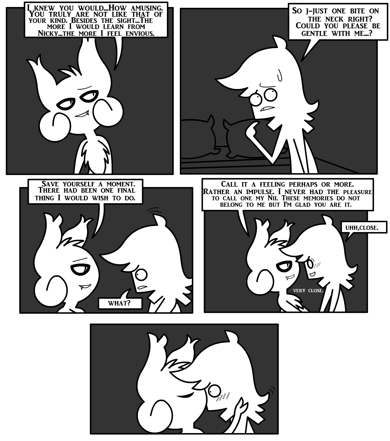 ambiguous_gender anthro bat bed blush blush_lines bodily_fluids border comic daniel_toke dialogue duo english_text eye_contact eyes_closed fangs furniture gesture greyscale hi_res human iconography kiss_on_lips kissing looking_at_another looking_away male male/ambiguous mammal monochrome narrowed_eyes nicky_(abfmh) nude on_bed overbite pillow pointing pointing_at_self pupils shane_frost slit_pupils smile speech_bubble sweat sweatdrop teeth text white_border