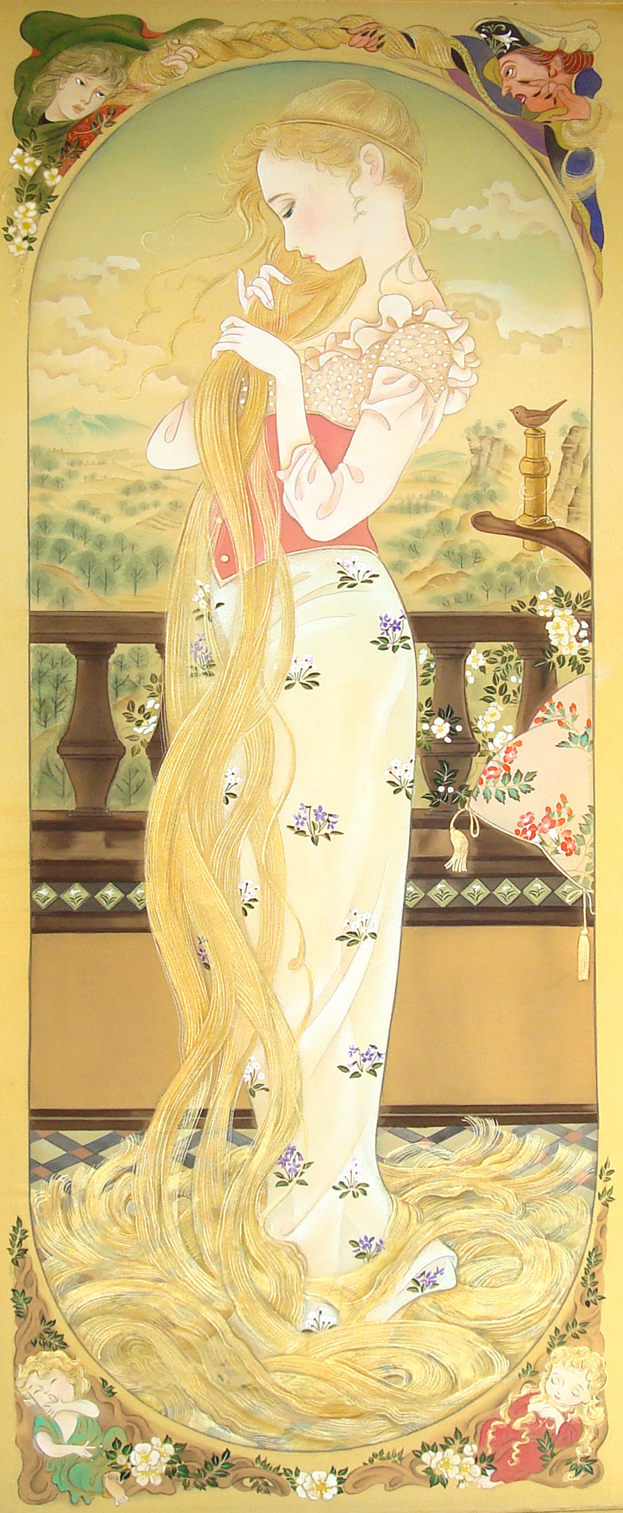 absurdly_long_hair balcony bird blonde_hair blush braid braiding_hair dress floral_print flower grimm's_fairy_tales hairdressing half-closed_eyes highres kisho_tsukuda long_dress long_hair medieval pillow railing rapunzel rapunzel_(grimm) solo_focus very_long_hair white_flower