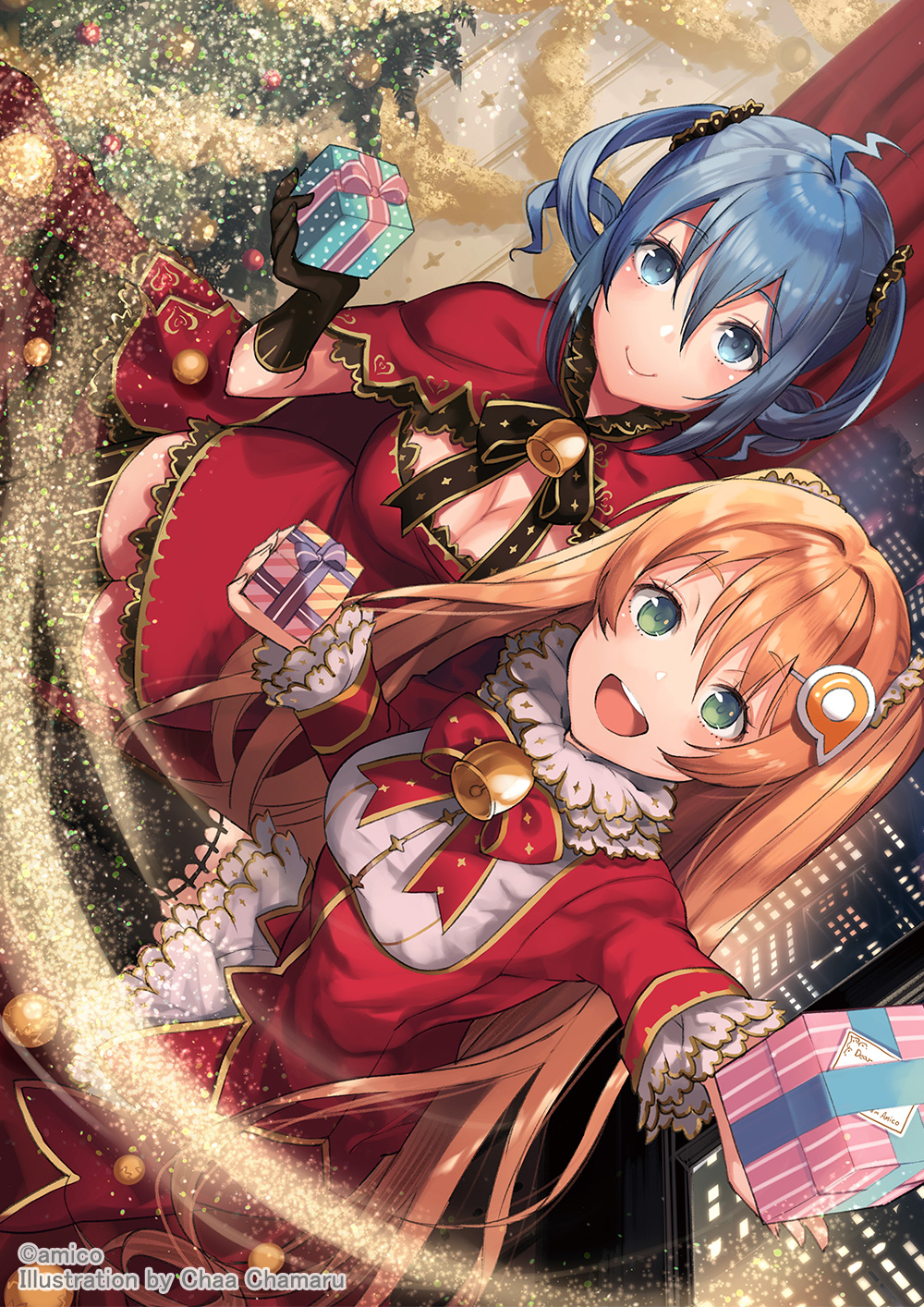 2girls amiami_(company) amico bell black_gloves black_thighhighs blue_eyes blue_hair blush box breasts building capelet christmas christmas_tree cleavage curtains dress gift gift_box gloves green_eyes hair_between_eyes hair_ornament highres holding holding_gift indoors large_breasts lilco long_hair long_sleeves looking_at_viewer medium_breasts multiple_girls night official_art open_mouth orange_hair red_capelet red_dress smile thighhighs twintails two_side_up window yumekui