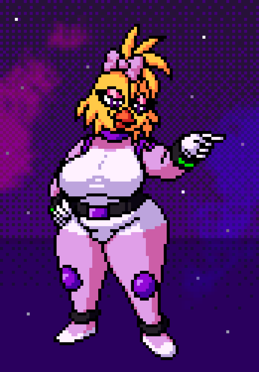 anthro astropixels avian big_breasts bird bow_tie breasts chica_(fnaf) chicken chubby_female clothing digital_media_(artwork) eyelashes female five_nights_at_freddy's freddy_in_space_3 galliform gallus_(genus) hi_res phasianid pixel_(artwork) scottgames solo space spacesuit thick_thighs tight_clothing tight_fit