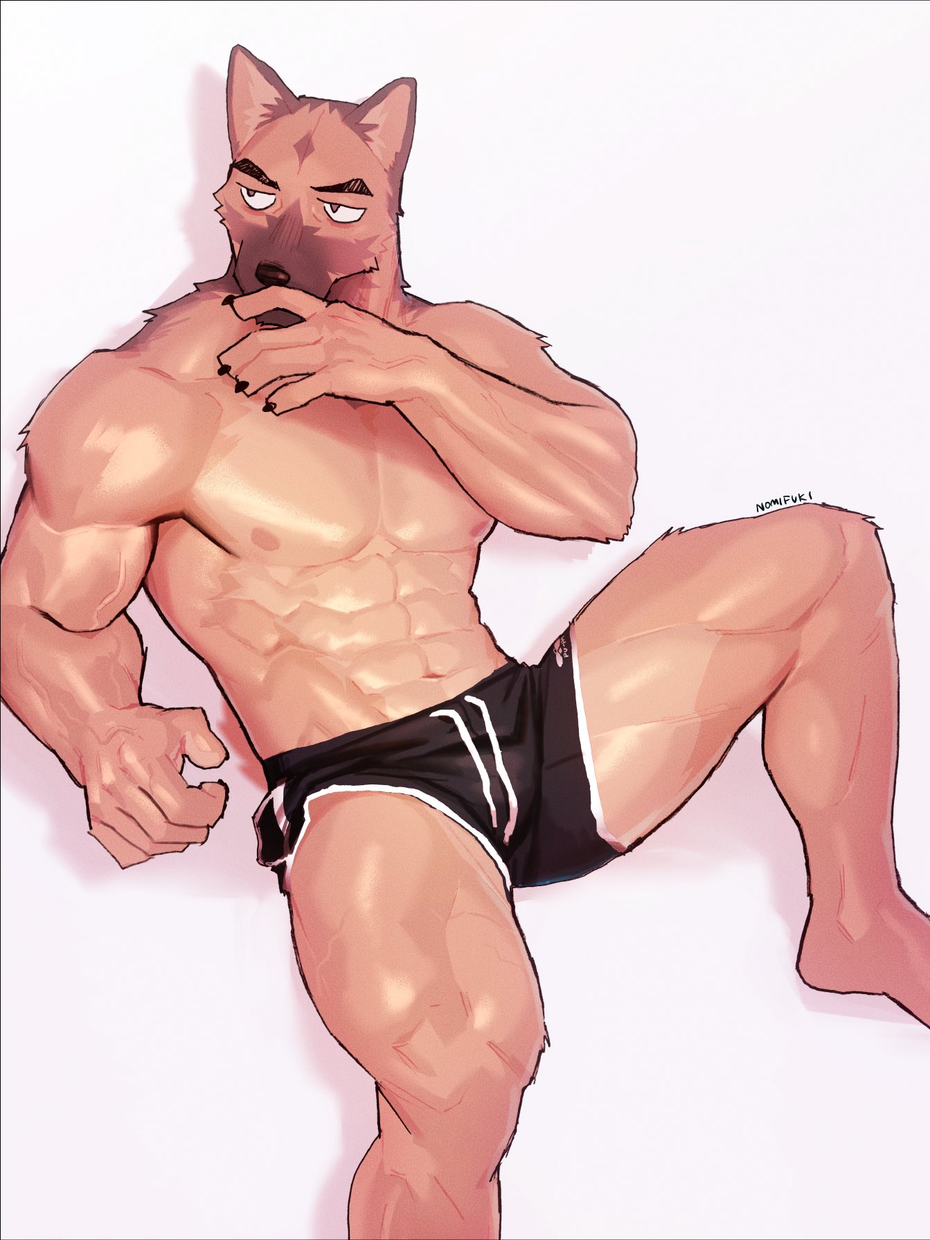 abs anthro bulge canid canine claws clothed clothing hi_res looking_away male male_focus mammal muscular muscular_anthro muscular_male nipples nomifuki pecs shorts_only shy sitting solo underwear underwear_only