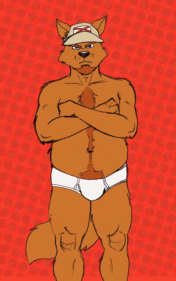 2012 alabama_state_flag anthro briefs briefs_only brown_body brown_fur bulge canid canine canis clothed clothing crossed_arms detailed_background fur hat headgear headwear male mammal pattern_briefs randall_wyatt red_background rthur simple_background solo tan_hat tan_headwear tighty_whities topless underwear underwear_only white_briefs white_clothing white_underwear wolf