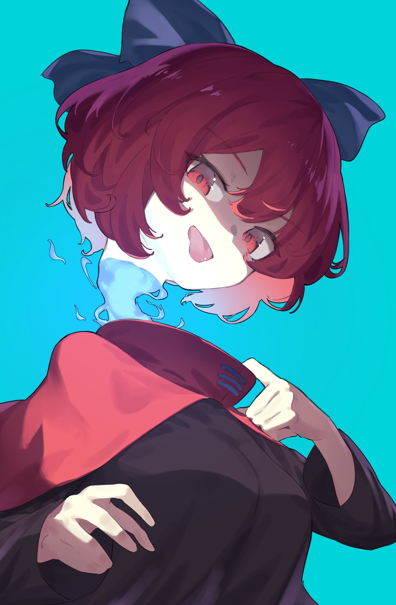 1girl black_shirt blue_background blue_bow bow cape disembodied_head garasuno hair_bow highres long_sleeves open_mouth red_cape red_eyes red_hair sekibanki shaded_face shirt short_hair simple_background smile solo tongue tongue_out touhou upper_body