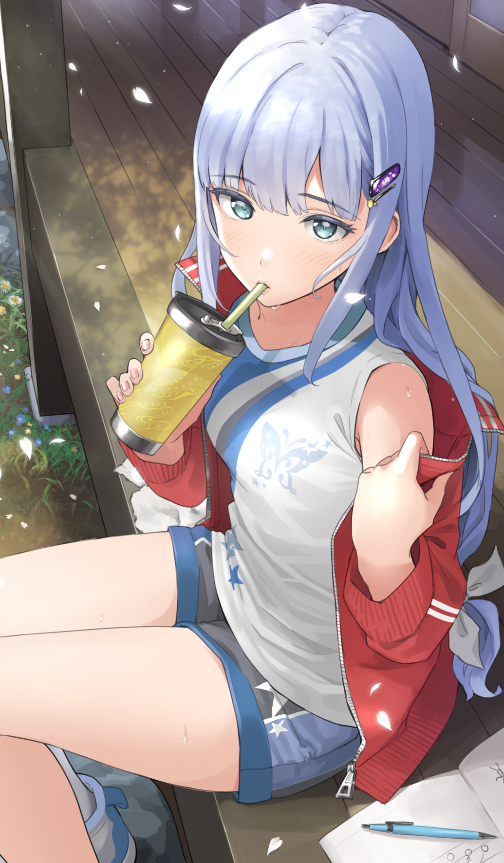 1girl animal_print bad_id bad_twitter_id bare_legs blue_hair blue_shorts blush breasts butterfly_print cup drinking_straw flower highres holding holding_cup idolmaster idolmaster_million_live! jacket jersey light_blue_hair long_hair looking_at_viewer mouth_hold open_clothes open_jacket red_jacket shiraishi_tsumugi shirt shorts sitting sleeveless sleeveless_shirt small_breasts solo sweatdrop tumbler undressing veranda wooden_floor yoropa