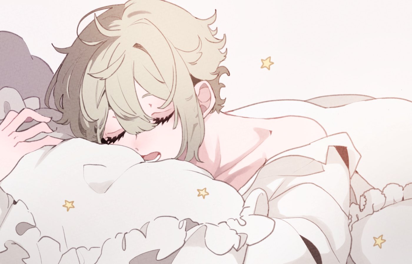 1boy bare_shoulders blonde_hair closed_eyes collarbone collared_shirt elan_ceres gundam gundam_suisei_no_majo hair_between_eyes lying male_focus off-shoulder_shirt off_shoulder on_stomach open_mouth osushimog otoko_no_ko pillow shirt short_hair sidelocks sleeping solo star_(symbol) white_shirt