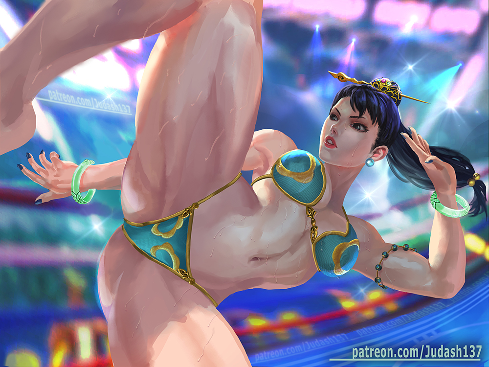 1girl arena bangle bare_legs bikini blue_hair blue_nails blurry blurry_background bracelet breasts chun-li cleavage earrings eyelashes fingernails floating_hair hair_bun hair_ornament hairpin high_kick jewelry judash137 kicking leg_lift lights lips medium_breasts midair muscular muscular_female navel parted_lips patreon_username ponytail stage stage_lights stomach street_fighter street_fighter_v sweat swimsuit