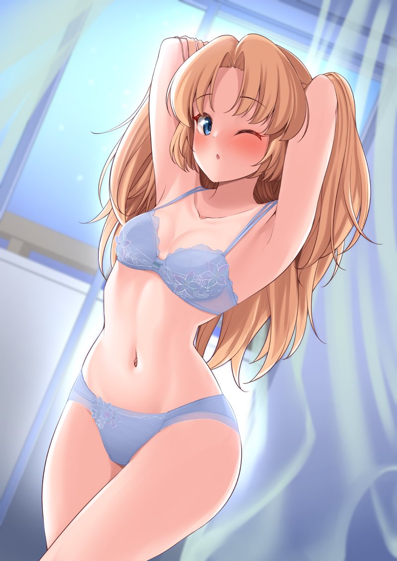1girl armpits arms_behind_head arms_up blonde_hair blue_bra blue_eyes blue_panties blush bra breasts cleavage commission curtains dream_c_club_(series) dream_c_club_gogo. hisakabe_oto indoors long_hair looking_at_viewer navel one_eye_closed panties seira_(dream_c_club_gogo.) skeb_commission solo thighs underwear underwear_only window