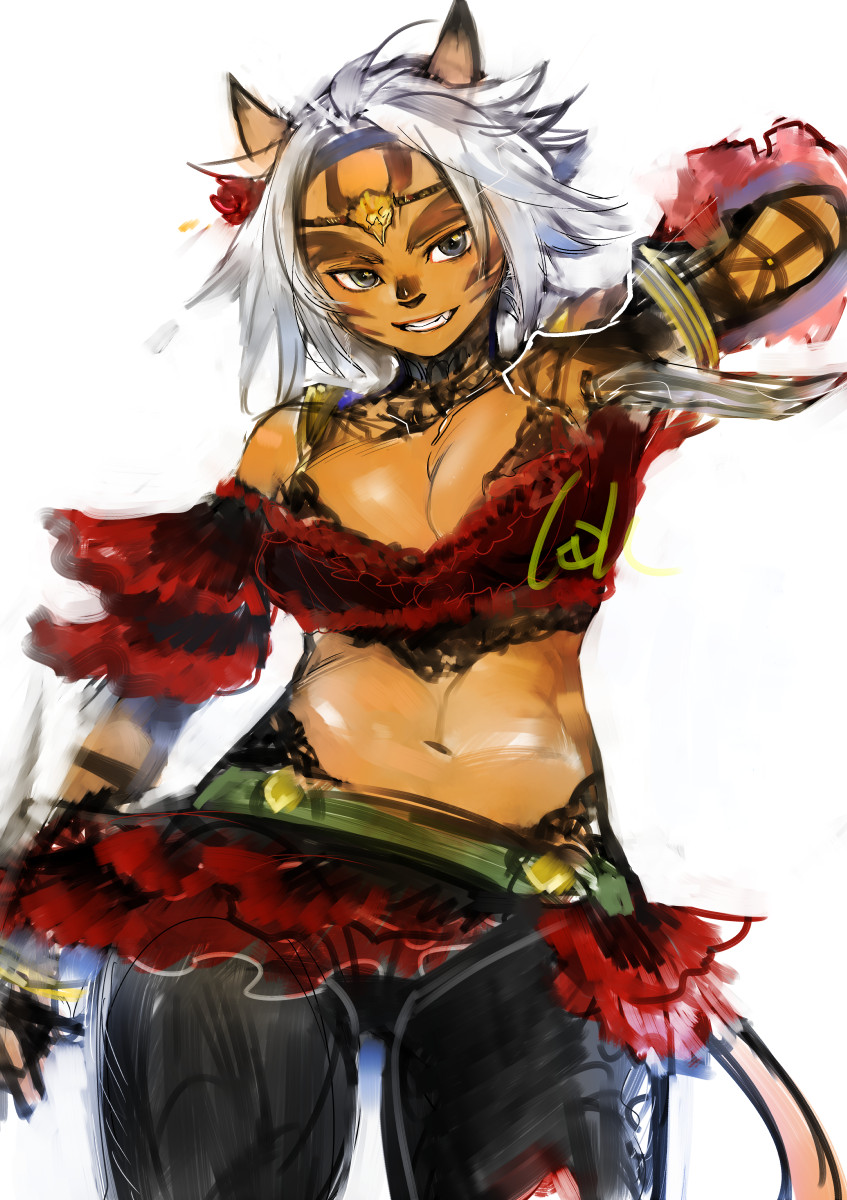 1girl adventurer_(ff11) animal_ears animal_nose arm_at_side bare_shoulders black_gloves black_pants blue_eyes blue_headband bracelet breasts cat_ears cat_girl cat_tail circlet cleavage cowboy_shot dagger dancer dancer_(final_fantasy) doraeshi facial_mark fang final_fantasy final_fantasy_xi fingerless_gloves flamenco flower gloves grin hair_flower hair_ornament headband highres holding holding_dagger holding_knife holding_weapon jewelry knife legs_apart medium_breasts mithra_(ff11) navel pants red_flower short_hair simple_background smile solo standing tail weapon whisker_markings white_background white_hair