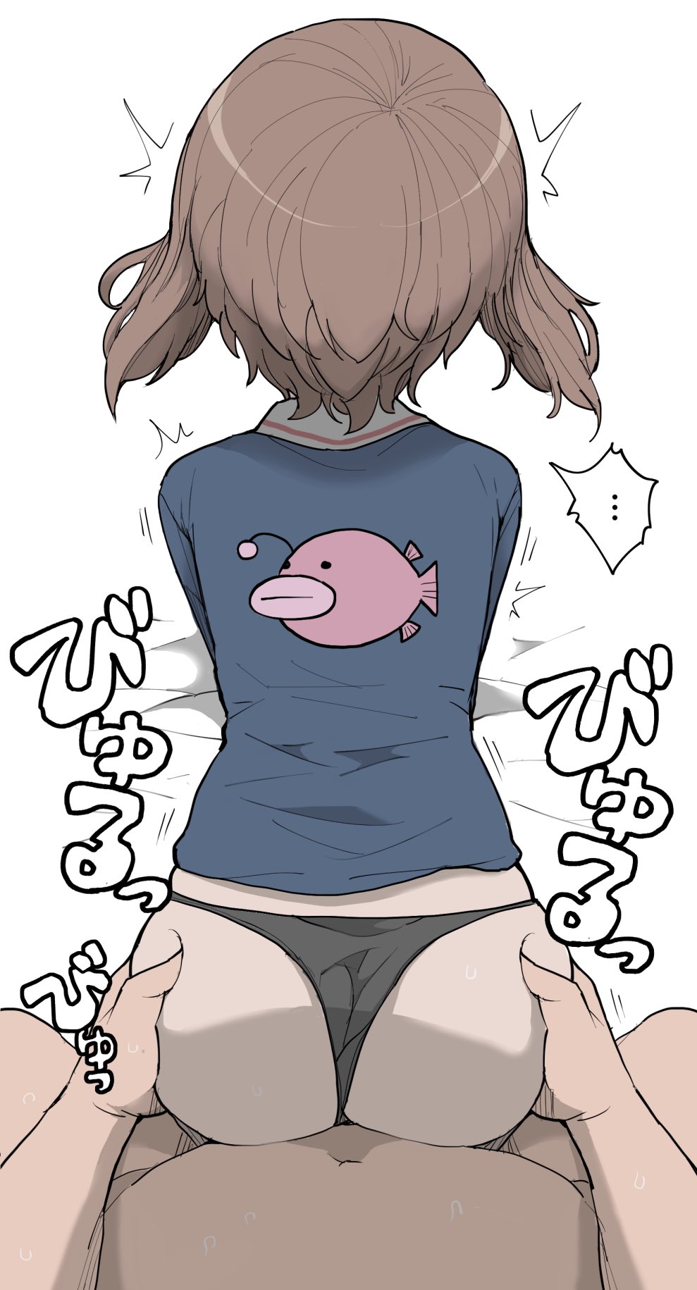 1boy 1girl ^^^ all_fours anglerfish ass ass_grab black_panties blue_jacket brown_hair clothed_female_nude_male clothed_sex clothing_aside commentary_request doggystyle fish from_above from_behind girls_und_panzer henyaan_(oreizm) hetero highres jacket long_sleeves nishizumi_miho nude ooarai_military_uniform paid_reward_available panties panties_aside short_hair sound_effects underwear