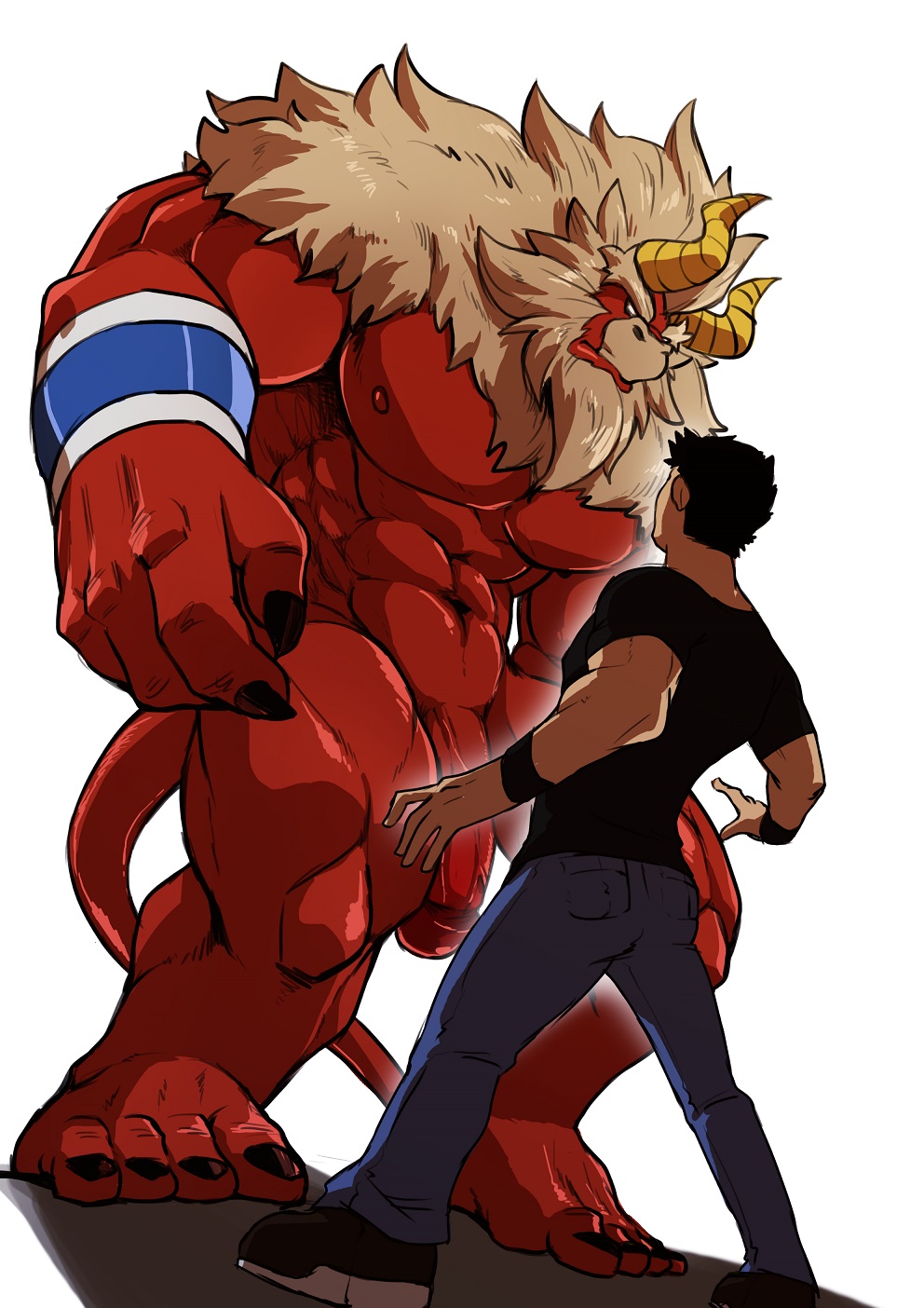 2boys ass bara beard black_hair blank_eyes clothed_male_nude_male colored_skin curled_horns demon_boy demon_horns denim facial_hair flaccid forked_eyebrows from_below full_body furry furry_male furry_with_non-furry gardie_(otsukimi) highres horns huge_eyebrows interspecies jeans kouhei_(otsukimi) large_hands large_pectorals lion_hair male_focus multiple_boys muscular muscular_male nipples nude original otsukimi outstretched_arms pants pectorals penis red_skin shirt shoes short_hair sideburns sideburns_stubble size_difference spread_arms standing t-shirt thick_eyebrows thick_thighs thighs uncensored veins veiny_penis yaoi