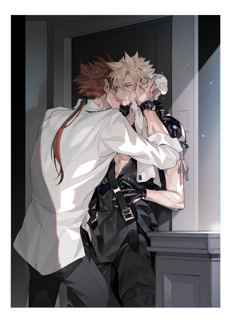 2boys arm_ribbon armor black_gloves black_pants black_shirt blonde_hair border cloud_strife collared_shirt cowboy_shot final_fantasy final_fantasy_vii final_fantasy_vii_advent_children gloves hair_between_eyes highres imminent_kiss low_ponytail multiple_boys open_clothes open_shirt pants parted_lips pink_ribbon pokashi red_hair reno_(ff7) ribbon shirt short_hair short_hair_with_long_locks shoulder_armor sleeveless sleeveless_shirt sleeves_rolled_up spiked_hair toned toned_male towel towel_around_neck watch wet white_border white_shirt wristwatch yaoi