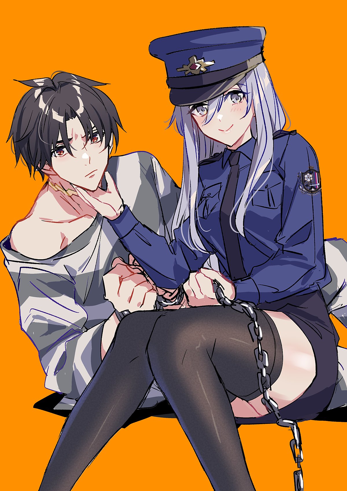 1boy 1girl 86_-eightysix- :/ black_hair black_necktie black_skirt black_thighhighs blue_jacket chain closed_mouth cuffs grey_eyes grey_hair hair_between_eyes halloween_costume hand_on_another's_chin handcuffs hat highres holding holding_chain invisible_chair jacket long_sleeves looking_at_viewer lying necktie off_shoulder on_side orange_background pencil_skirt police police_hat police_uniform policewoman prison_clothes prisoner red_eyes scar scar_on_neck shinei_nouzen shirt short_hair shousuke sitting sketch skirt smile striped striped_shirt thighhighs uniform vladilena_millize