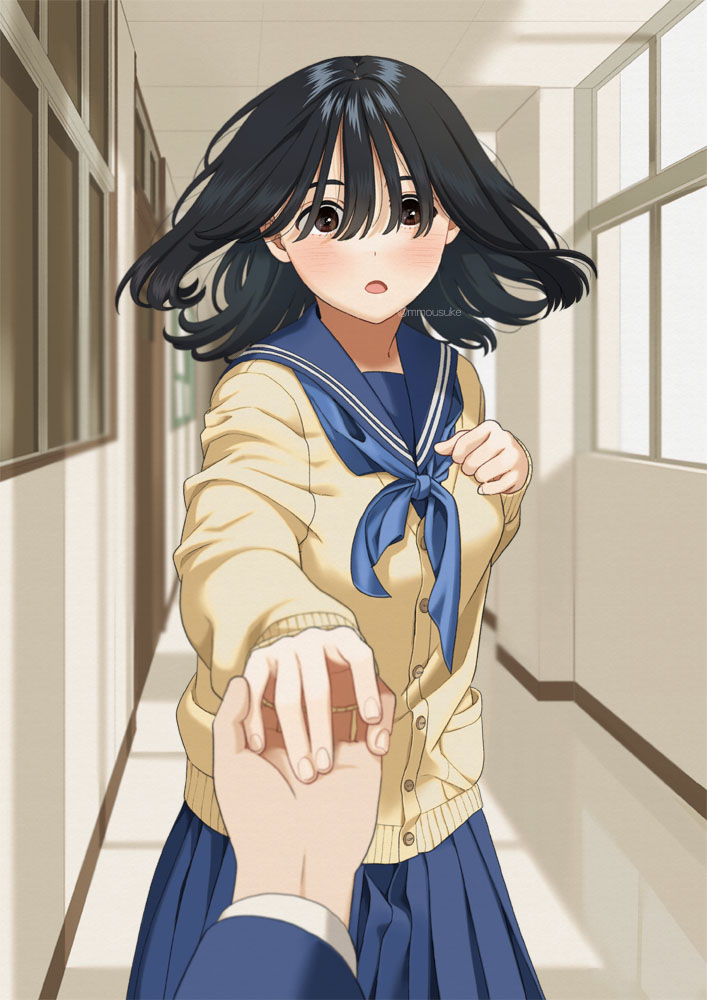 1boy 1girl :o black_hair blue_neckerchief blue_skirt blush breasts cardigan hand_on_hand hetero long_sleeves looking_at_viewer mattaku_mousuke medium_breasts neckerchief original pleated_skirt pov pov_hands school_uniform serafuku skirt twitter_username yellow_cardigan